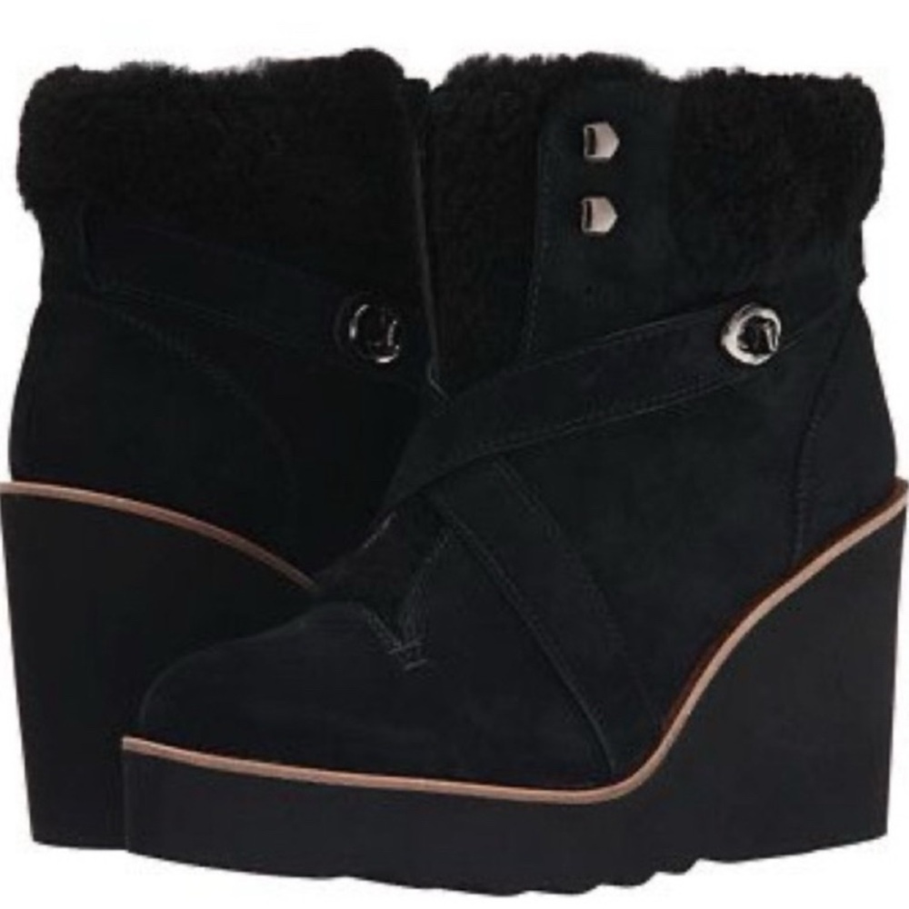 Coach Kenna Shearling Suede Black Leather
Wedge Booties Ankle Boots Size 7.5